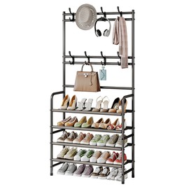 YIZAIJIA 4 Tier Coat and Shoe Rack Entryway Coat Rack with 8 Hooks Shoes Organizer for Living Room Bedroom Office Brown