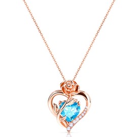 Calliora Heart Birthstone Necklace for Women, 925 Sterling Silver Rose Gold Pendant Fine Jewelry for Christmas Valentines Anniversary Day March Birthday Gifts for Her Mother Wife