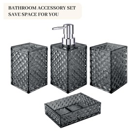 Bathroom Accessory Set, Grid Pattern 4 Pcs Plastic Bathroom Set Include Soap Dispenser, Soap Dish, Toothbrush Holder, Mousewash Cup, Modern Bahtroom Décor Set, Space Save for Bathroom((Grey)