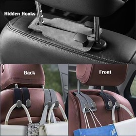 Car Hooks for Headrest 2 Pack, Car Seat Back Storage Hook, 2 in 1 Headrest Hooks for Purses and Bags, Leather Car Headrest Hanger with Metal Hooks, Double Headrest Hooks Mobile Phone Holder (Gray)