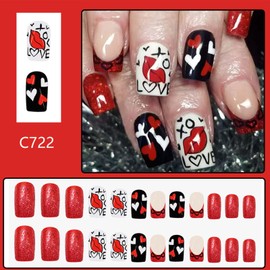 Valentine's Day Press on Nails Short Square Fake Nails Lip with Heart Design French Tip False Nails Red Acrylic Nails Artificial Nails Glossy Glue on Nails Full Cover Stick on Nails for Women 24Pcs