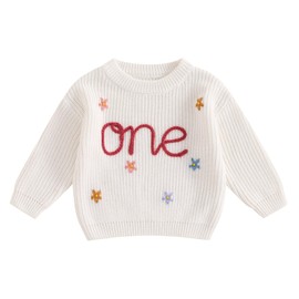 MAHUAOYIXI Baby Girl First Birthday Sweater Casual Long Sleeve Crew Neck Letter Flower Embroidery Ribbed Knit Pullover Warm Sweater Toddler Clothes Knitwear Girls Birthday Gift (White, 12-18 Months)