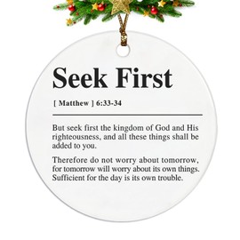 ignytiger Christian Ornaments for Christmas Tree, Matthew 6:33-34 Seek First Christian Bible Verses Ceramic Ornament Keepsake Sign Plaque, Christian Religious Christmas Ornaments