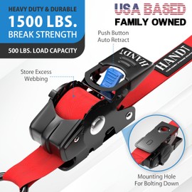 HandT Retractable Ratchet Straps (2PK) 1in x 6ft - 1,500lb Break Strength, Heavy Duty Tie Down Automatic Self Ratcheting Strap Downs Push Button Retracting for Truck, Trailer, Motorcycle | 2PK Red