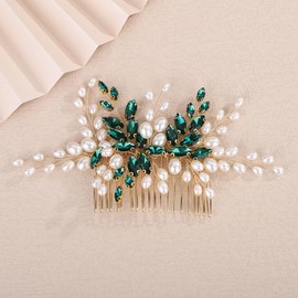 Teyglen Pearl Bride Wedding Hair Comb Bridal Green Rhinestone Pearl Hair Comb for Party Prom Wedding Hair Accessories for Women Handmade Crystal Hair Piece Headpiece (Peacock green)
