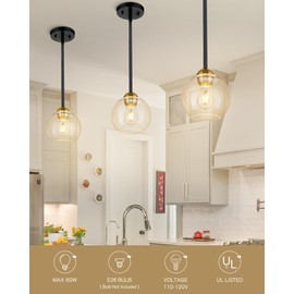 Emak 2 Pack Black and Gold Pendant Light Fixtures, Modern 7 Inch Globe Pendant Lights Kitchen Island with Clear Glass Shade, 1 Light Hanging Lights for Kitchen, Bedroom, Bathroom, PL119-BKBGD-2PK