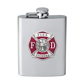 Heritage Pewter Firefighter Flask | 8 Ounce Liquor Flask Container - Stainless Steel | Intricately Crafted Metal Pewter Alma Mater Inlay