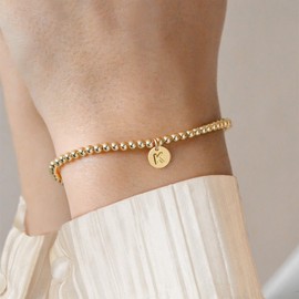 BAYLAY Gold Initial Bracelets for Women Jewelry, 14K Gold Plated Beaded Letter K Bracelet Dainty Disc Charm Bracelets for Women Trendy Jewelry Gifts