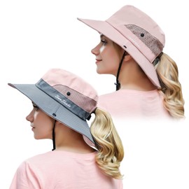 Muryobao Womens Outdoor Sun Hat Ponytail UV Protection Wide Brim Mesh Foldable Safari Beach Fishing Bucket Cap 2 Pack Pink & Pure Pink