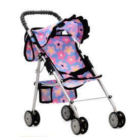 Baby Doll Stroller for Girls, Toddler Play Toy Doll Buggy Carriage, Foldable with Canopy, Storage Basket, Travel Diaper Bag, Blue