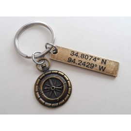 Custom Bronze Antique Compass Keychain with Engraved Coordinates Tag for Couples or Best Friends, Anniversary Gift Keychain