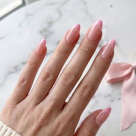 Uñas postizas almendradas de estilo corto, rosas, francesas, con acabado brillante, reutilizables, con pestañas adhesivas - Kit de 24 piezas para mani
