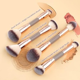 MAGEFY Brochas de maquillaje, 12 unidades con bolsa, de doble extremo, multifuncionales, para base de polvo, rubor, delineador de ojos, brochas con ca