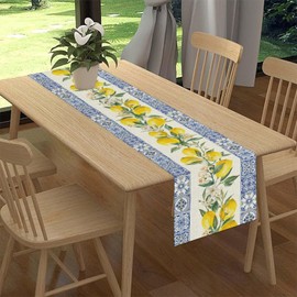 Camino de mesa de lirio limón, azulejos rústicos de temporada amarillos azules de primavera y verano, fruta, centro de decoración para el hogar, cocina, comedor y sala de estar, decoración de mesa de