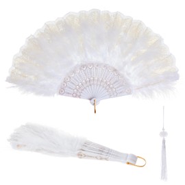 baotongle 4pcs White Foldable Feather Fan Handheld Chinese Vintage Style Hand Held Folding Fans for Party Wedding Dancing Decoration