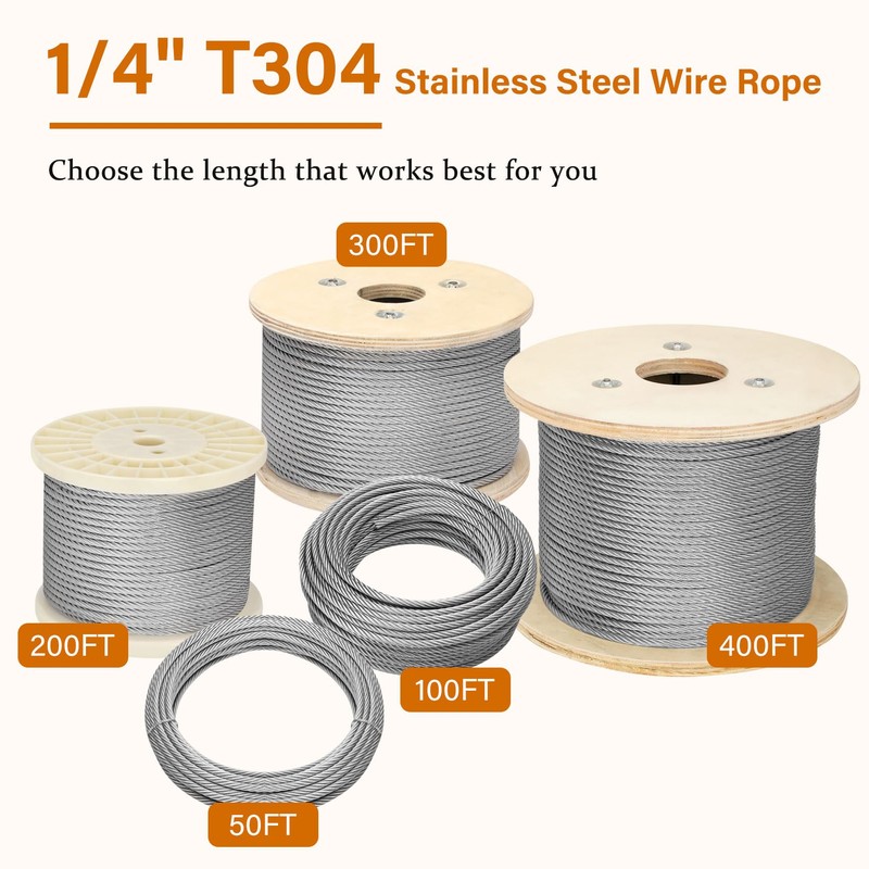 Thickened 1/4 Stainless Steel Cable, 25ft Wire Rope, 7X19 Strands