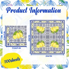 100 Pack Capri Lemon Party Paper Napkins, Blue Tiles Print Lemon Party Disposable Beverage Napkins for Buffet Bridal Shower Wedding Birthday Dinner Party Supplies, 6.5 x 6.5 Inch