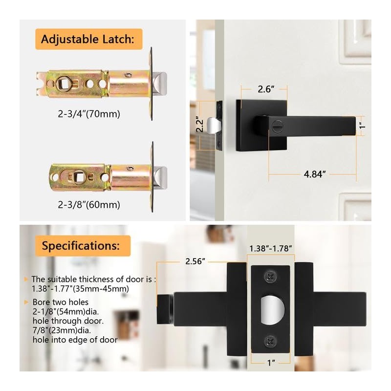 Probrico Heavy Duty Flat Black Square Privacy Interior Door Levers