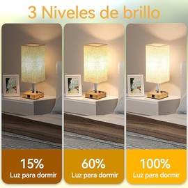 lámparas de mesa para recámara, Regulable lampara de buro, lampara de noche con puertos de carga USB C+A, 2 toma de corriente 120V, Pantalla de tela d