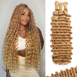 Human Braiding Hair for Boho Braids Human 110g 16 Inch Curly Boho Hair for Braiding Knotless 12A Deep Wave Bulk Bohemian 3 Bundles/Pack Natural Color (27#)