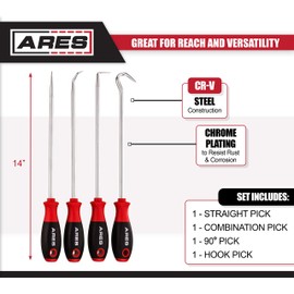 ARES 70246-4-Piece Hook and Pick Set - Includes a Large Straight Pick, 90 Degree Pick, Combination Pick and a Hook Pick - Chrome Vanadium Steel Shafts - Easily Remove Hoses, Gaskets and More