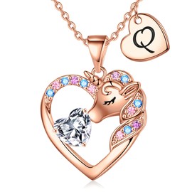 IEFIRCH Unicorn Necklace for Girls, Rose Gold Necklace Q Jewelry for Girls | Heart Necklace | Unicorn Q Necklaces for Girls | Unicorns Gifts for Girls | Birthday Easter Gifts for Girls