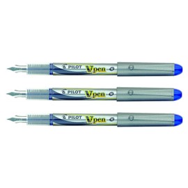 PILOT V-Pen Disposable Fountain Pen Silver Medium Nib - Blue (Pack of 3)