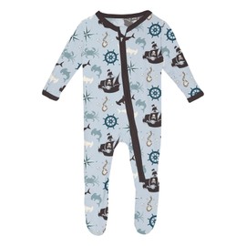 KicKee Print Footie with Zipper, Fitted Long Sleeve Pajamas, Ultra Soft Everyday One-Piece Loungewear, Baby and Kid Clothes for Boys and Girls (Illusion Blue Pirate Adventure - 0-3 Months)