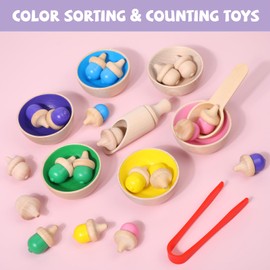 Xylolin Montessori Wooden Color Sorting Toy for Toddlers, Acorns Counting with Sorting Bowls, Preschool Learning Activities Fine Motor Skill Practice Sensory Toy for Kids Age 3 4 5 6 Years Old