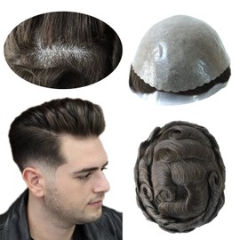 HAIR NATURE Mens Toupee Human Hair Pieces, Hair Replacement Systems, 0.12mm Poly Skin Knotted Scalloped Human Hair #3