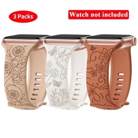 Flower Pattern Silicone Watch Band (Band Only), 3 Counts Breathable Silicone Wristband, Solid Color Replacement Sports Watch Band for iWatch, Fashion Wearable Accessories for Women, Fun Summer Gift, Smartwatch, Wearable Devices - Color: Multicolor, Speci