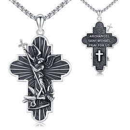 Midir&Etain St Michael Pendant Necklace 925 Sterling Silver Saint Michael Archangel Cross Medal Necklace Protection Necklace Catholic Jewellery Gifts for Men Women (N1908)