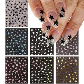7 Sheets Star Nail Stickers Decals Gold Silver White Black Star Nail Art Stickers 3D Self Adhesive Star Nail Decals Star Nail Designs Nail Art Supplies for Women Nail Manicure Decorations