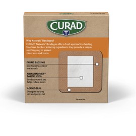 CURAD Naturals ARM & Hammer Baking Soda Adhesive Pads 4" x 4", Individually Wrapped Sterile Bandage, First Aid Kit Essential, Protects Scrapes and Cuts, Absorbent and Self-Adhesive, 6-Count Box