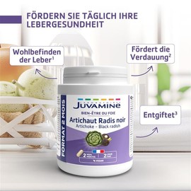 JUVAMINE - Artichoke and black radish - Wellbeing of the liver - Contributes to the good functioning of the digestive and liver system - 2 month format - 120 capsules of plant origin