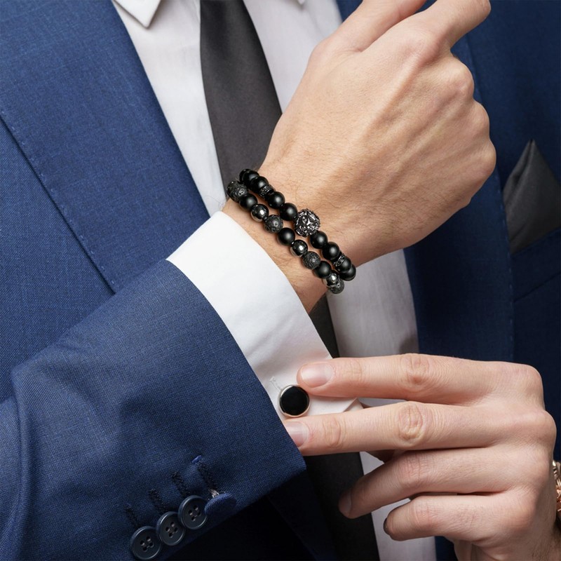 8mm Black Obsidian Onyx Hematite Lava Volcanic Stone Bracelet Lion