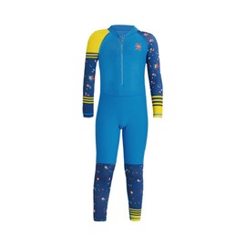 Boys Color Block One Piece Swimsuit Kids Long Sleeve Rash Guard Sunsuit Zipper Swimwear Diving Wetsuit Mock Neck Full Jumpsuit Surfing Beachwear Bathing Suit with UPF 50+ Sun Protection Blue 5-6T