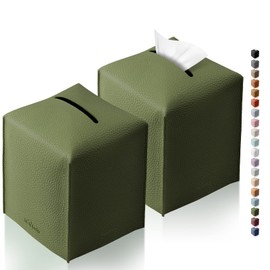 Tclouda Tissue Box Cover for PU Leather, Modern Simple Solid Color Holder Square Tissue Bag, Ideal for Bathrooms,Office,Car,Nightstand,Outdoor Tent,Dining Table,5"X5"X5", Double Green