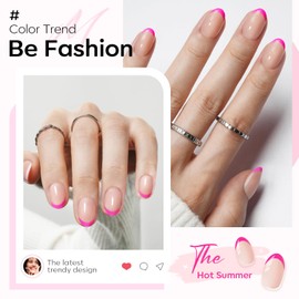 Modelones French Tip Press on Nails Short, Oval Fake Nails, Reusable Nail Kit with Nail Glue Adhesive Tabs Mini Nail File, Nails Press Ons 32Pcs 16Sizes, Women Girl Gift, Hot Pink