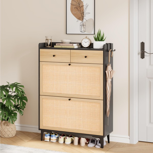 Jocoevol Rattan Shoe Cabinet Storage for Entryway, Narrow Wood Shoe