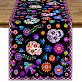 Mexican Fiesta Table Runner Fifth of May Sugar Skull Linen Dia De Los Muertos Table Runner for Day of The Dead Altar De Muertos Dinning Party Decoration Kitchen Supply (13 x 72In)