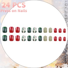 Christmas Press on Nails Short Square Fake Nails with Gold Glitter Designs Full Cover Glue on Nails Glossy Artificial Christmas Red Nails Christmas False Nails for Women DIY 24Pcs