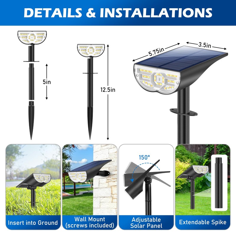 Solar Spot Lights Outdoor 5 Modes, 44LEDs Bright Landscape Spotlights