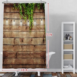 Baocicco Rustic Wooden Board Shower Curtain Brown Barn Wood White Light Bulb Green Leaves Shower Curtains Decorative for Bathroom Waterproof Fabric Shower Curtain with Hooks 48x72 Inches