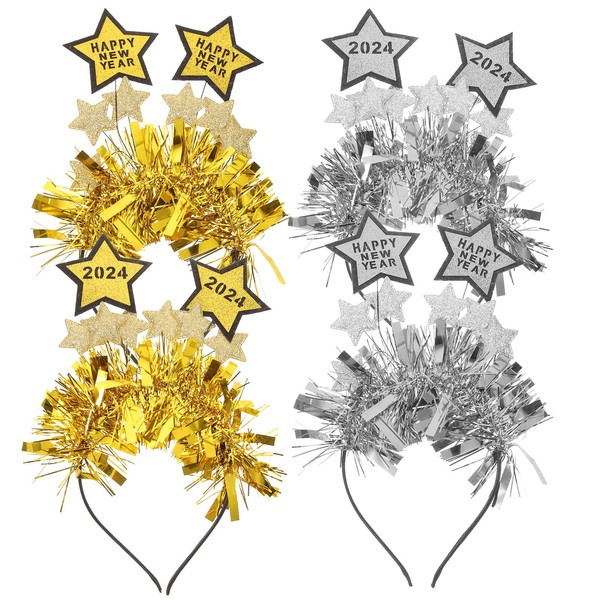 Minkissy Pack of 4 2023 Happy New Year Headband Glitter Star Boppers Tiara with Tinsel New Year's Eve Headpiece for Women
