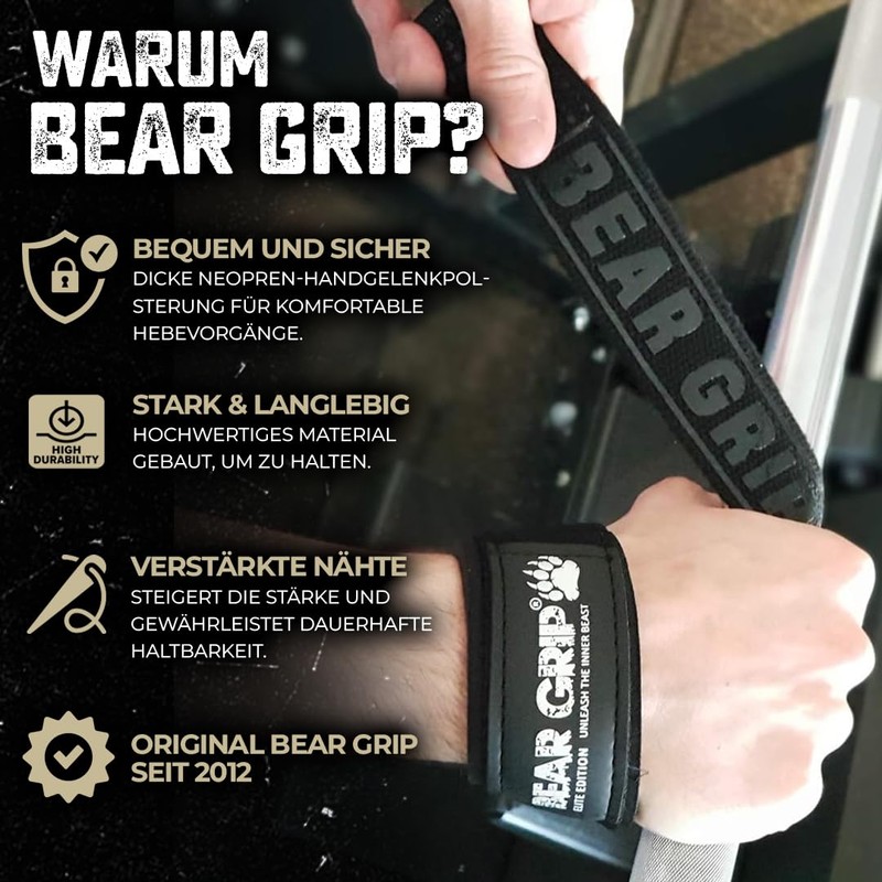 BEAR GRIP Straps - Premium Neoprene Padded, Double Stitched Heavy