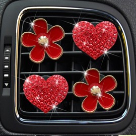 4 Pcs Red Bling Daisy and Red Heart Car Air Fresheners Vent Clips Diffuser Vent Clip Rhinestone Diamond Decoration Car Interior Decor Cute Accessories for Women, Automotive Air Fresheners