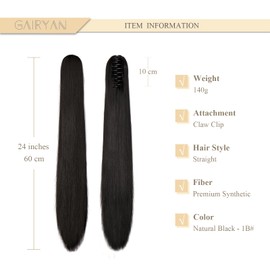 Gairyan Clip in Ponytail Hair Extensions 24 inch Ponytail Extension Long Straight Pony Tails Claw on Ponytail Synthetic Hairpieces for Women Soft Natural Look (Natural Black)