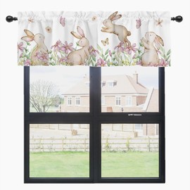HawSkgFub Easter Spring Bunny Flower Kitchen Curtain Valance 54 x 18 Pink, Seasonal Rabbit Short Topper Curtains Window Treatments Rod Pocket, Holiday Butterfly Home Living Room Bedroom Bathroom Decor