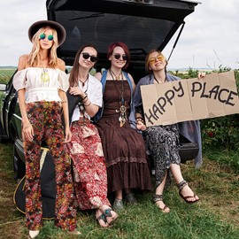 ATAMET Women's Brown Large 60s 70s Boho Bell Bottom Flared Pants for 70s Theme Party